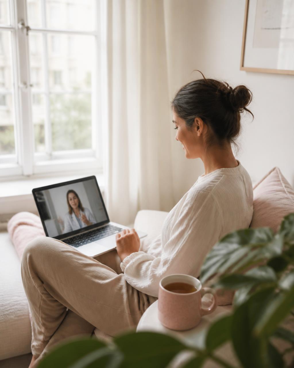A woman sitting comfortably at home in soft daylight during a telehealth psychiatric visit on her laptop