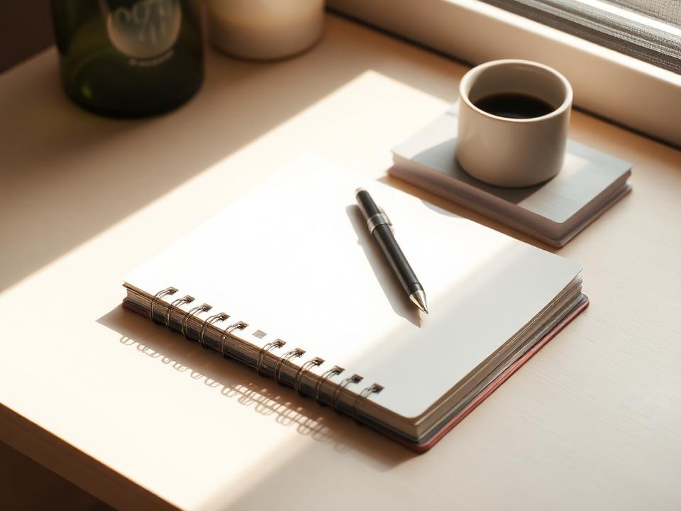 An open notebook and pen on a sunlit desk
