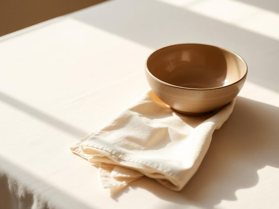 A simple ceramic bowl and linen napkin on a table