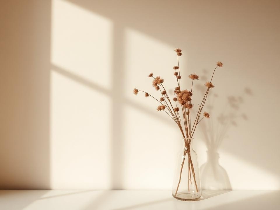 Dried botanical stems in a glass vase against a warm wall