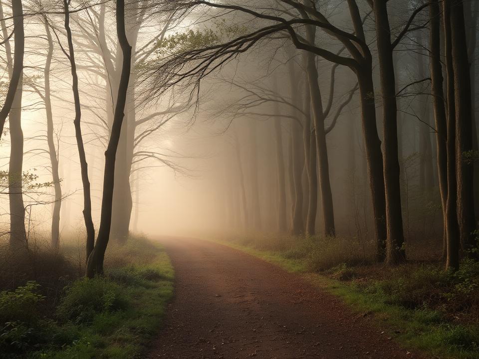 A quiet forest path in early morning mist